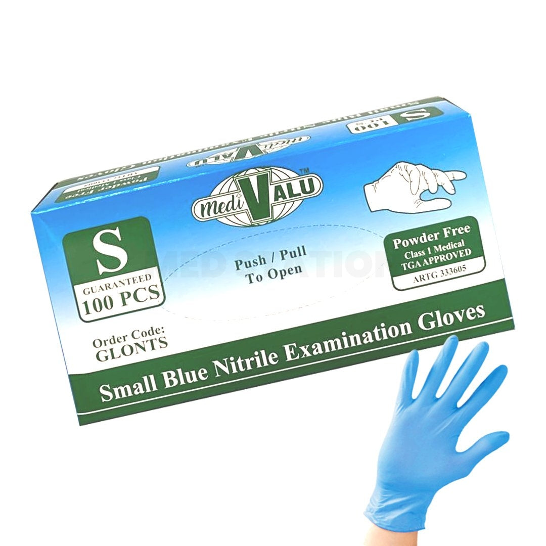 Blue Nitrile Gloves TGA Approved Latex and Powder Free Examination Gloves Pack of 100 (1 box) - Small