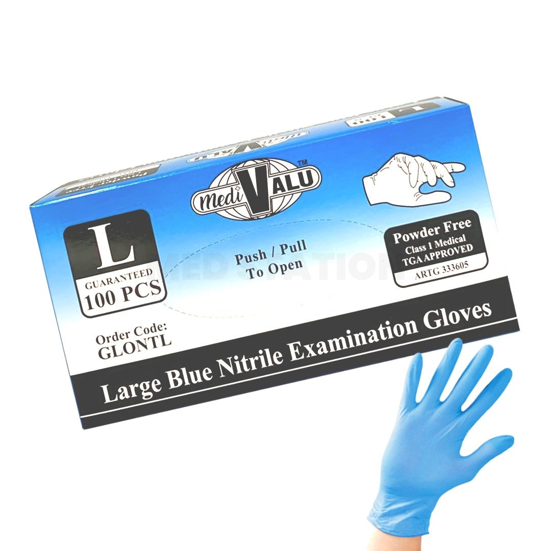 Blue Nitrile Gloves TGA Approved Latex and Powder Free Examination Gloves Pack of 100 (1 box) - Large