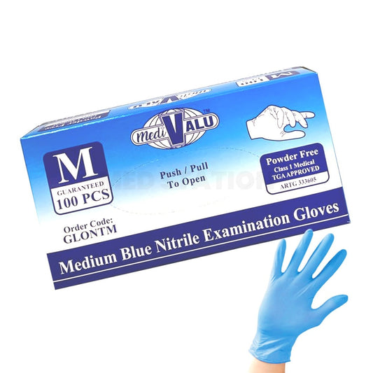 Blue Nitrile Gloves TGA Approved Latex and Powder Free Examination Gloves Pack of 100 (1 box) - Medium